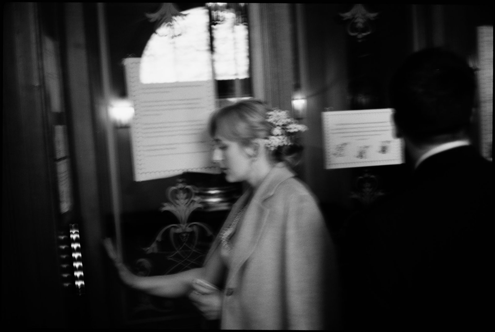 The bride at the registry office, in black and white