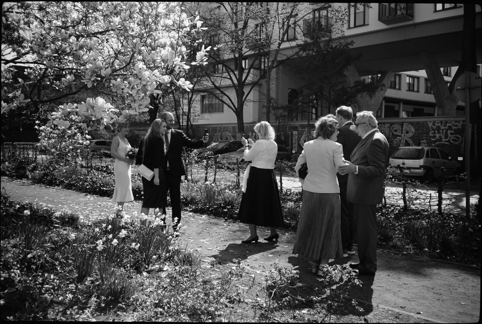 Guests in a garden among blossoming trees, in black and white