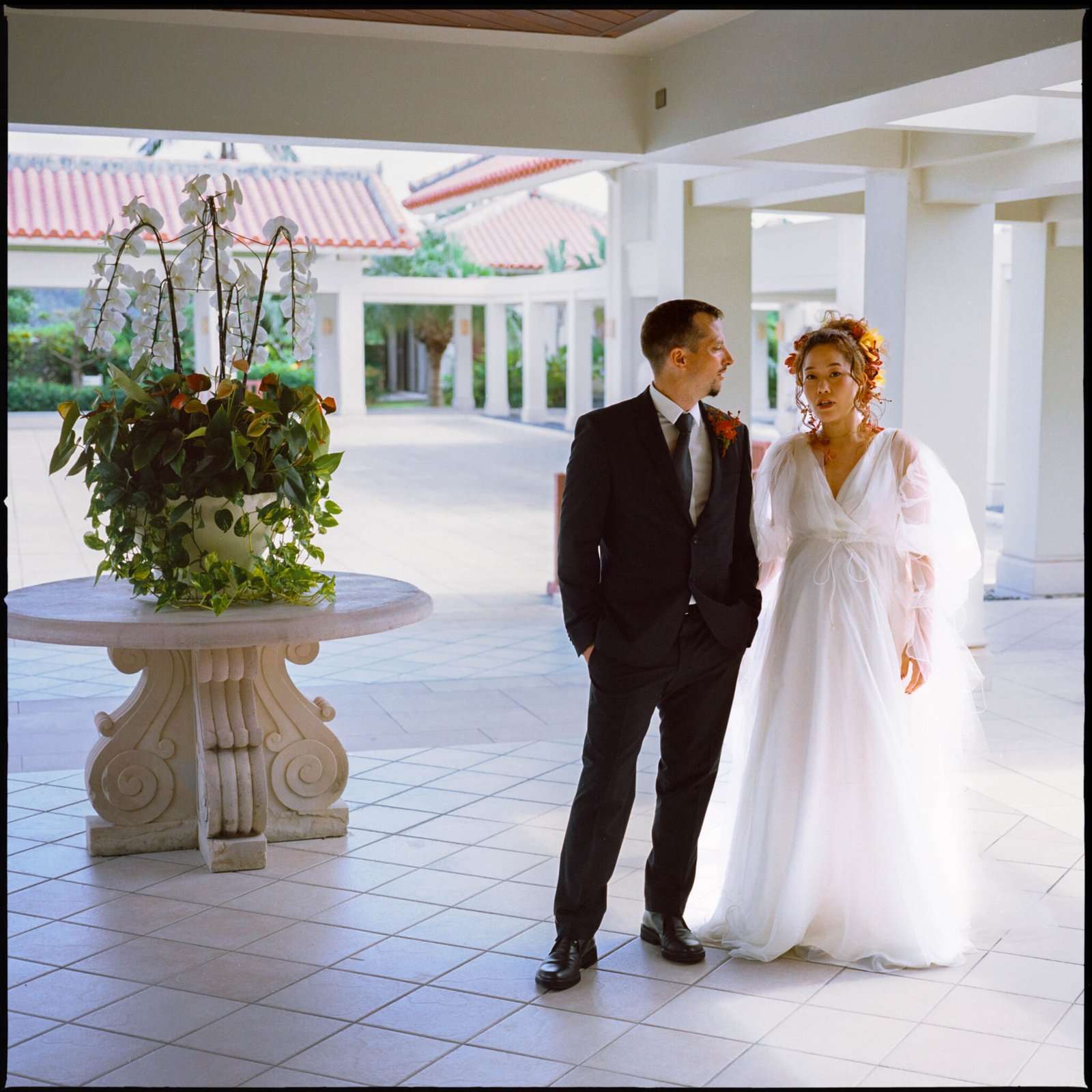 The couple on the terrace before the ceremony